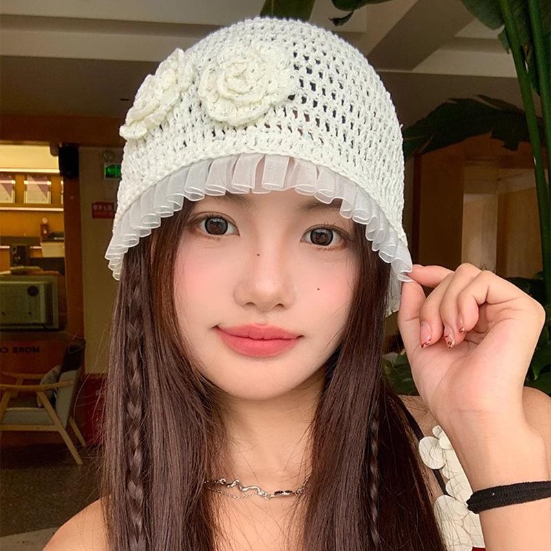 Korean Version of Mesh Three dimensional Flower Head Hat for Women In Summer Breathable and Fashionable Face showing Small Hat White Hollow Head Hat