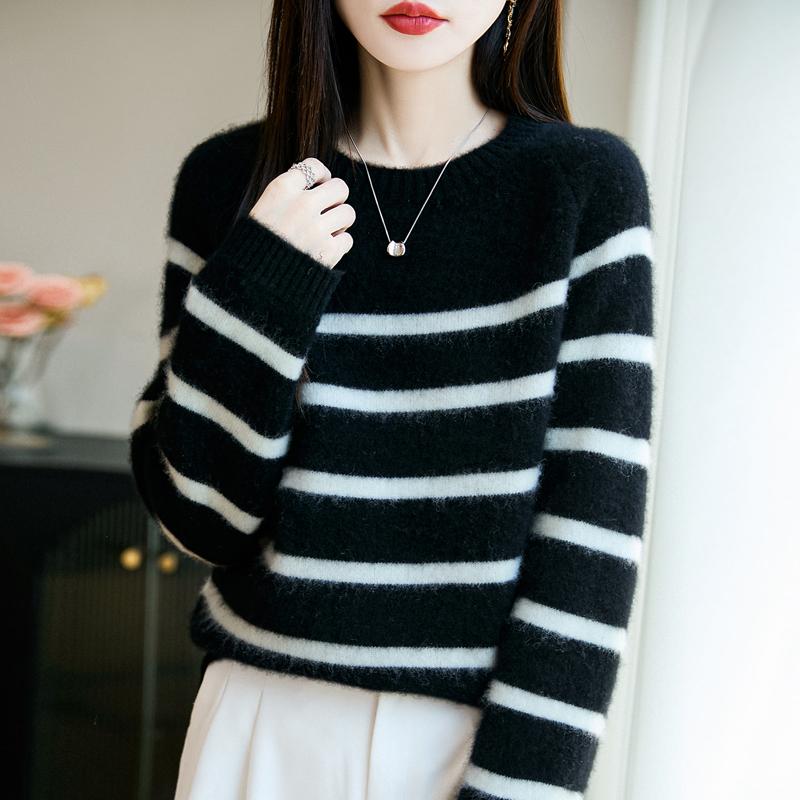 Women Sweater 100% Wool MODERN NEW SAGA O-neck Stripe Knit Pullover Thick Winter Jumpers Female Knit Tops