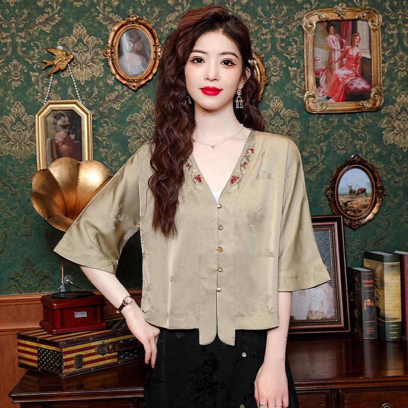 Frühling 2024 Damen Retro Chinesischer Stil Bestickte Kunstseide Tang Bluse
