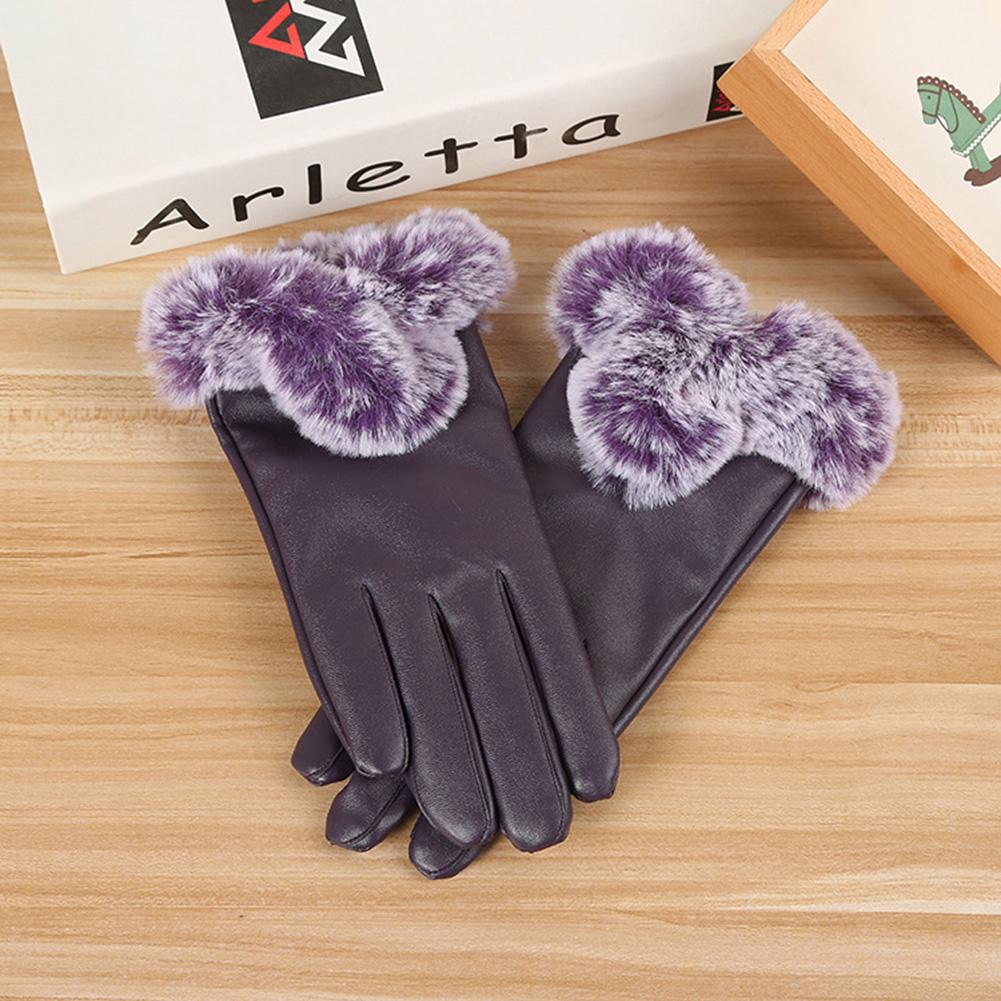 Women Winter Gloves Faux Rabbit Fur PU Leather Touch Screen Mittens Lady Female Outdoor Driving Warm Gloves