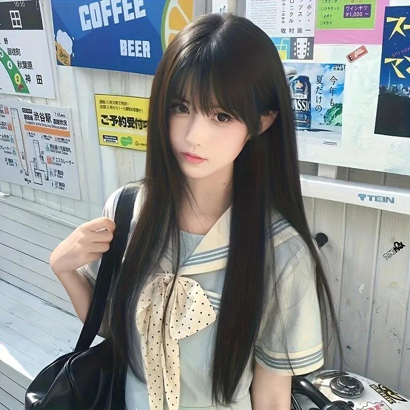 Fashion 26-inch Synthetic Wig - Black Long Straight Hair - Halloween Cosplay Hair - Daily Wig - High-temperature Hair Accessory