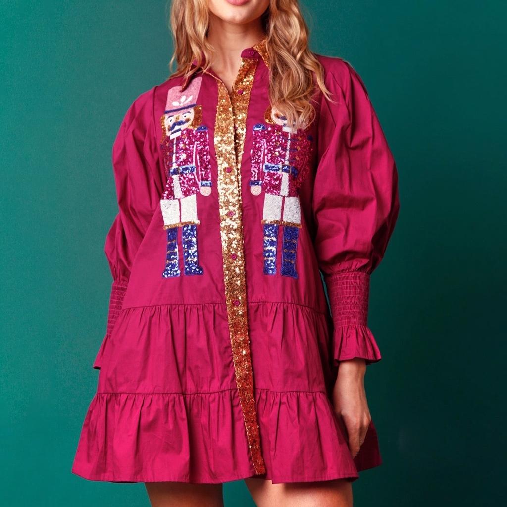 Women Mini Dress, Long Sleeve Turn-down Collar Sequins Button Closure Casual Dress Fall Dress