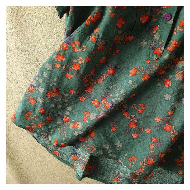 Vintage Floral Print Women's Shirt Summer Fashion Short Sleeve Pocket Loose Casual Blouse Comfortable Soft Thin Daily