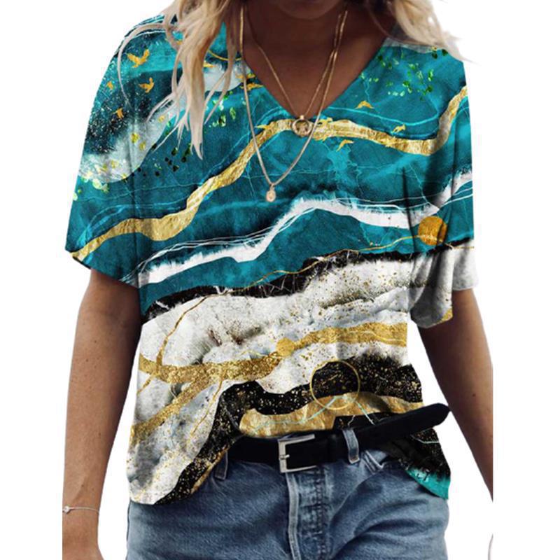 Women's T-shirt 3D Pattern Printed Casual Short Sleeved V-Neck Top Fashionable Street Women's Clothing