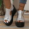 Fashion Women Gold Wedges Sandals Pu Leather Platform Thick Sole Sandals For Women High Heels Shoes Open Toe Med Heel Summer Beach Shoes