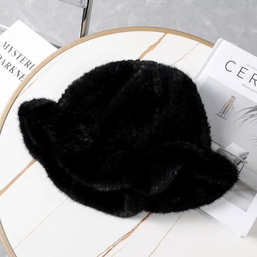 Mink Fur Hat Women's Winter Warm Fashion Mink Woven Bucket Hat Basin Hat Top Hat Show A Little Trend