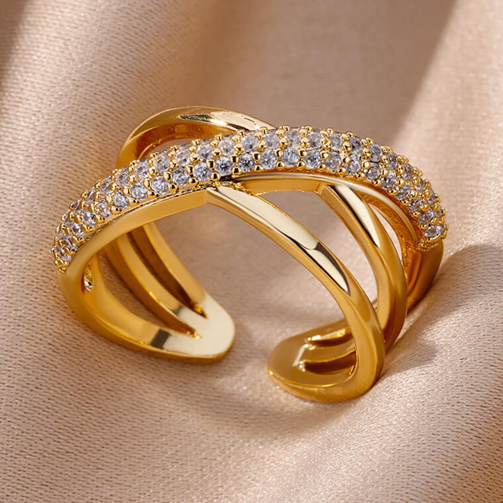 18K Goldplattierter offener Ring mit Zirkonia-Blattdesign - Luxuriös, Anlaufgeschützt, Ideal für Frauen