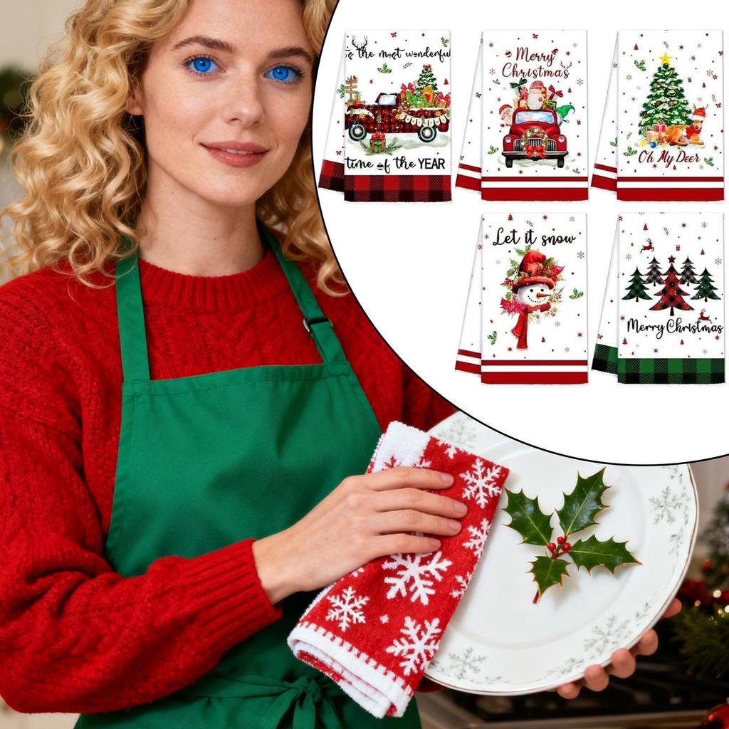 5 Stück Küchenhandtücher mit Weihnachtsmotiv Weihnachtliche Geschirrtücher Cartoon Weihnachtsmann Elch Schneemann Wichtel Weihnachtshandtücher