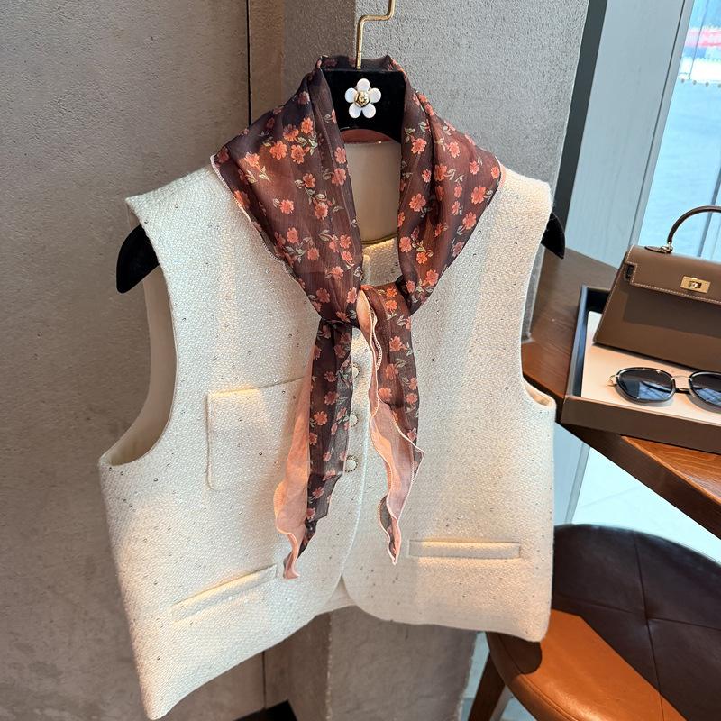 Literary small floral cotton and linen headband silk scarf women's spring and autumn waist scarf versatile decorative scarf headscarf triangular scarf