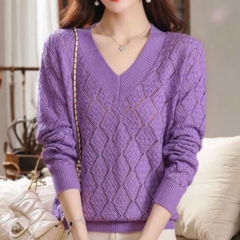 Frühling und Herbst Neuer Großer Lockerer V-Ausschnitt Pullover für Damen Weiter und Hochwertiger Lochstrickpullover für Damen Herbst und Sommer