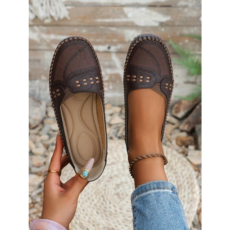 Women's Laser Stitched Flat Loafers, Plus Size Slip On Casual Closed Toe Daily Walking Comfortable Footwear