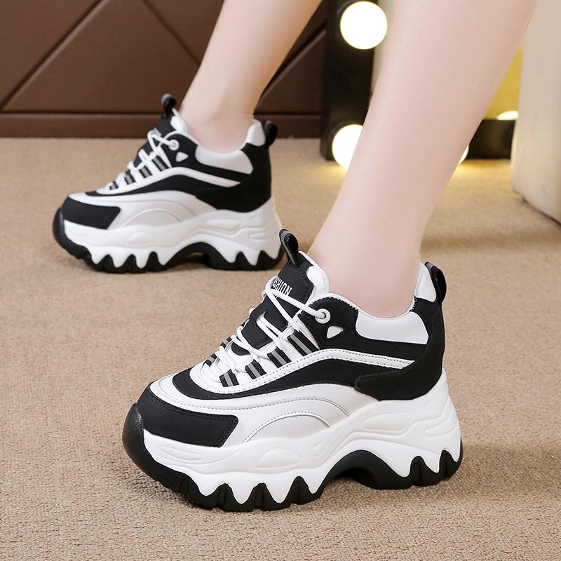 fashion Women Thick Bottom Leather Sneakers New 2024 Chunky Breathable Female Casual Shoes Ladies High Platform White Sports Shoes 8CM