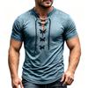Men's Short Sleeve Shirt Vintage V-Neck Lace-Up Casual Color Summer Top