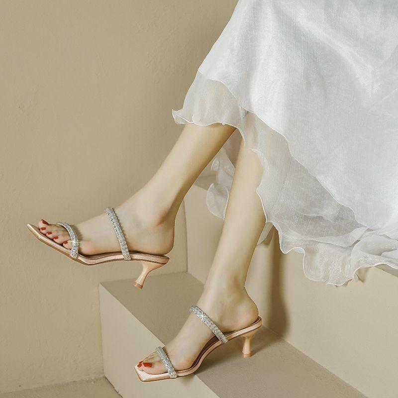 

Туфли на высоком каблуке женские, лето 2025, односложные, со стразами, квадратная головка, тонкие каблуки, тапочки, женская одежда, босоножки на высоком каблуке, женские 40