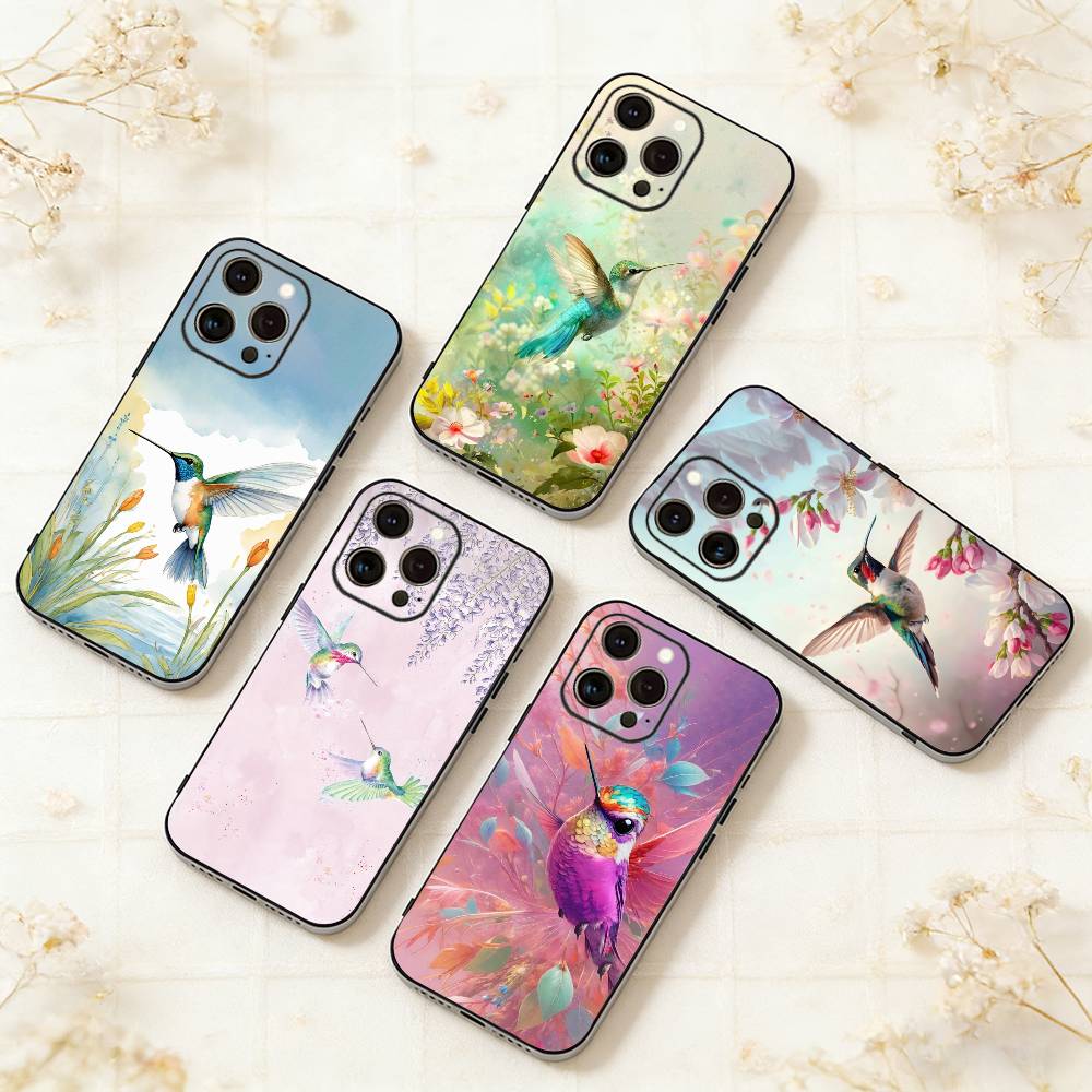 Bird Hummingbird Painting Phone Case For iPhone 17,16,15,14,13,12,11 Plus,Pro Max,XS,Soft Silicone Black Cover