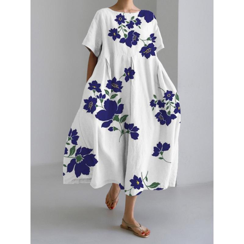 Damen Sommer Übergröße Gestreiftes Print Maxikleid, Lässiges Lockeres Rundhals Kurzarm Oversized A-Linien-Kleid