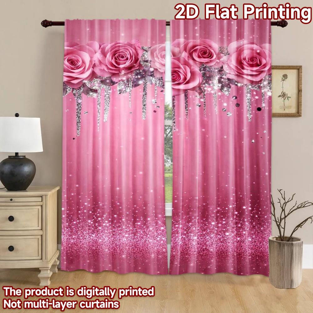 2D flat printing 2pcs Curtain Window Curtains Birthday Pink Roses Sparkle Digital Printed Polyester Drapes Party Decorations Use