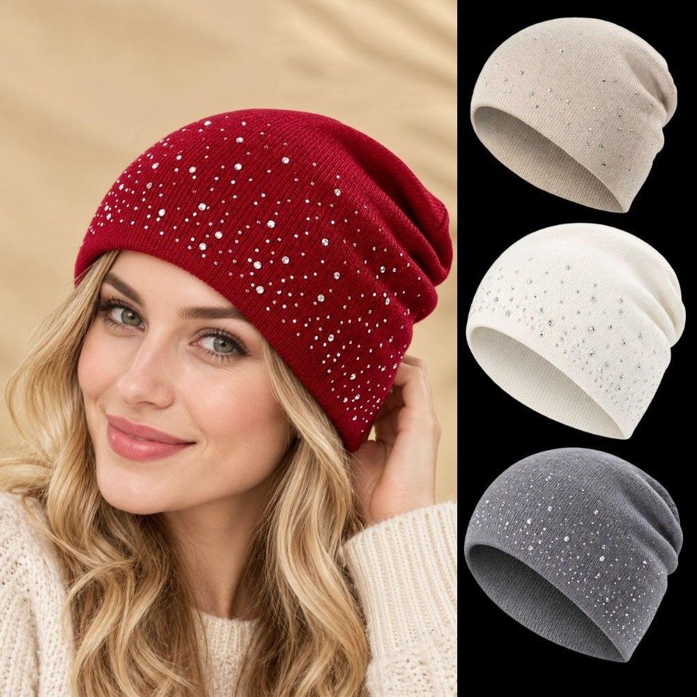 Shiny Rhinestone Decor Women's Knitted Cap Warmth Knitted Hat Winter Fall Hat Outdoor Streetwear