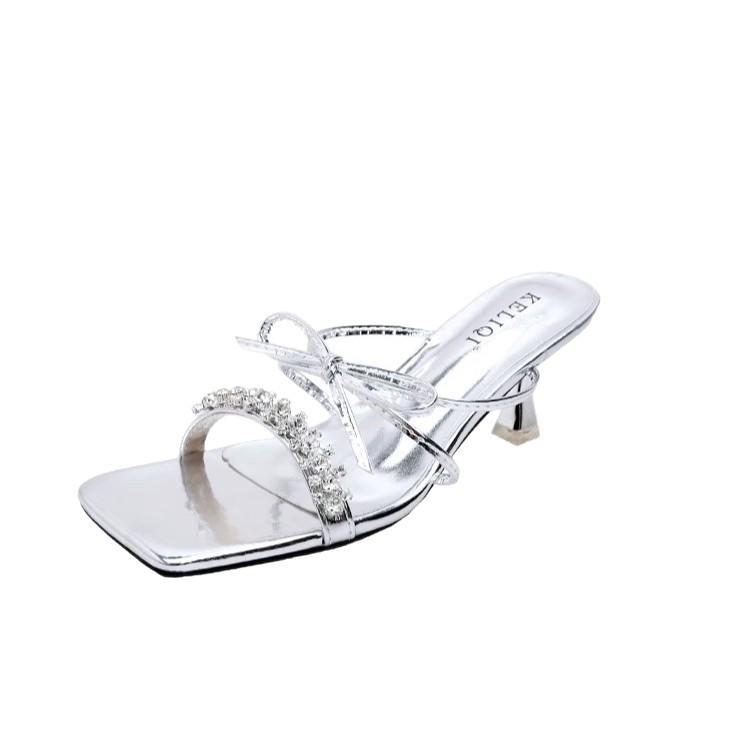 Fairy Wind French Sandals Outer Wear 2025 Summer Word with Bow Square Head Stiletto Sandals High Heels Slippers Female