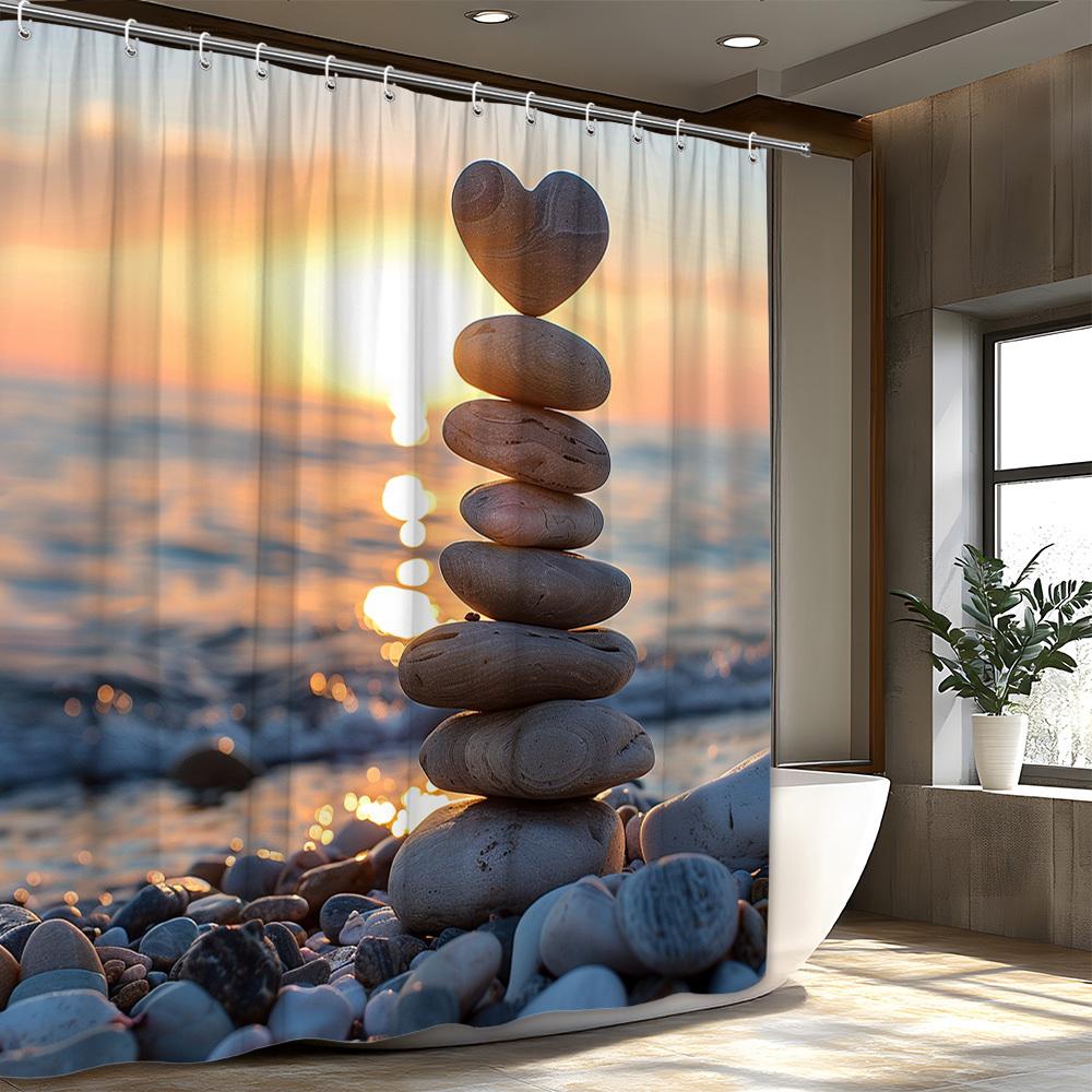 Coastal Ocean Sunset Beach Stone Stack Shower Curtain Waterproof Bathroom Decor Tropical Spa Shower Curtain Print