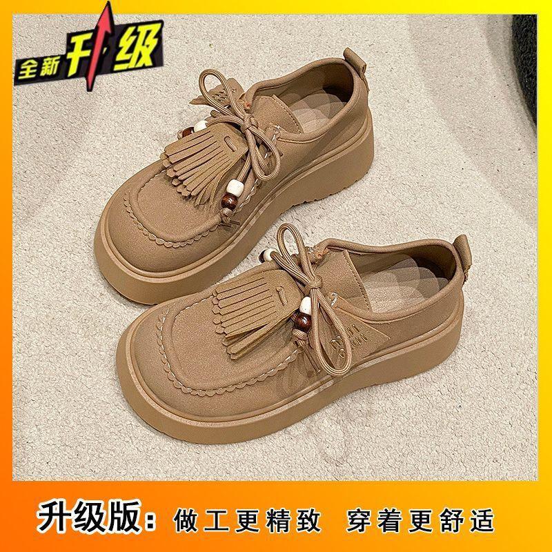 Versatile casual fringed Birken women's shoes 2025 spring and summer new heightened platform muffin round head lace-up single shoes women
