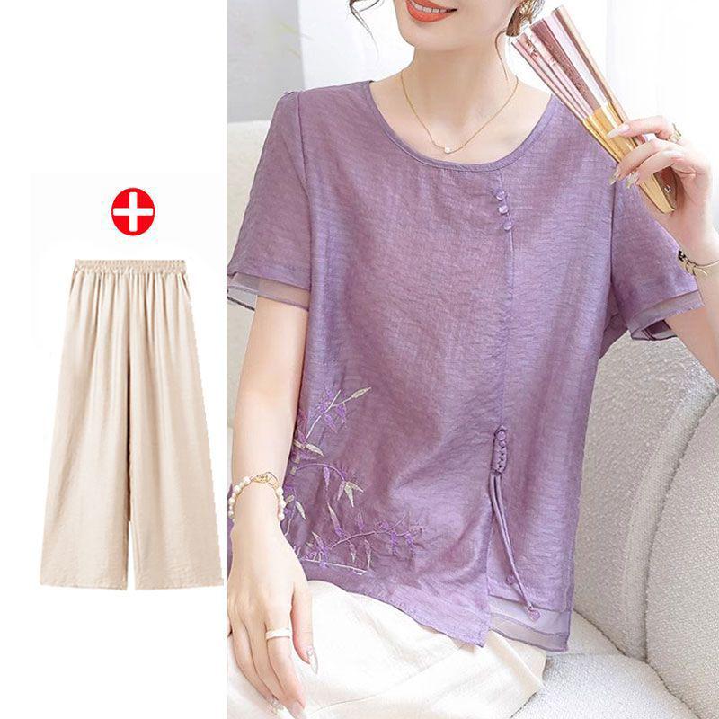 2026 Summer Fashion Set: Short-Sleeved Top & Chinese-Style Two-Piece for Moms and Elders