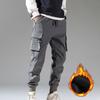 Men Pants Plush Lining Solid Color Elastic Waist Warm Multiple Pockets Cargo Pants for Daily Wear