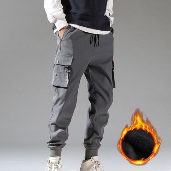 Men Pants Plush Lining Solid Color Elastic Waist Warm Multiple Pockets Cargo Pants for Daily Wear