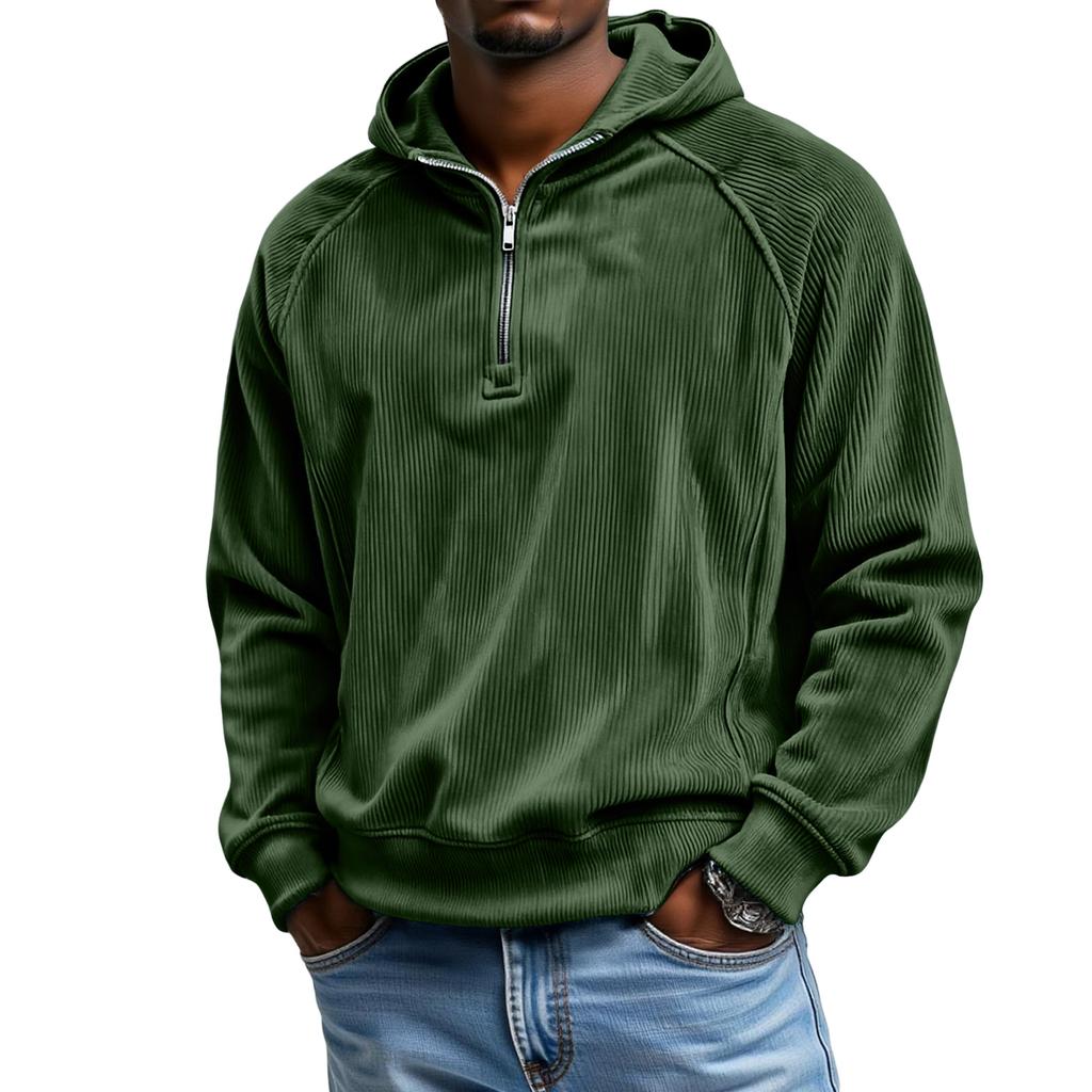 Men's  Leisure  Corduroy  Shoulder  Insertion  Half   Zipper  Hooded  Hood  Hoodie