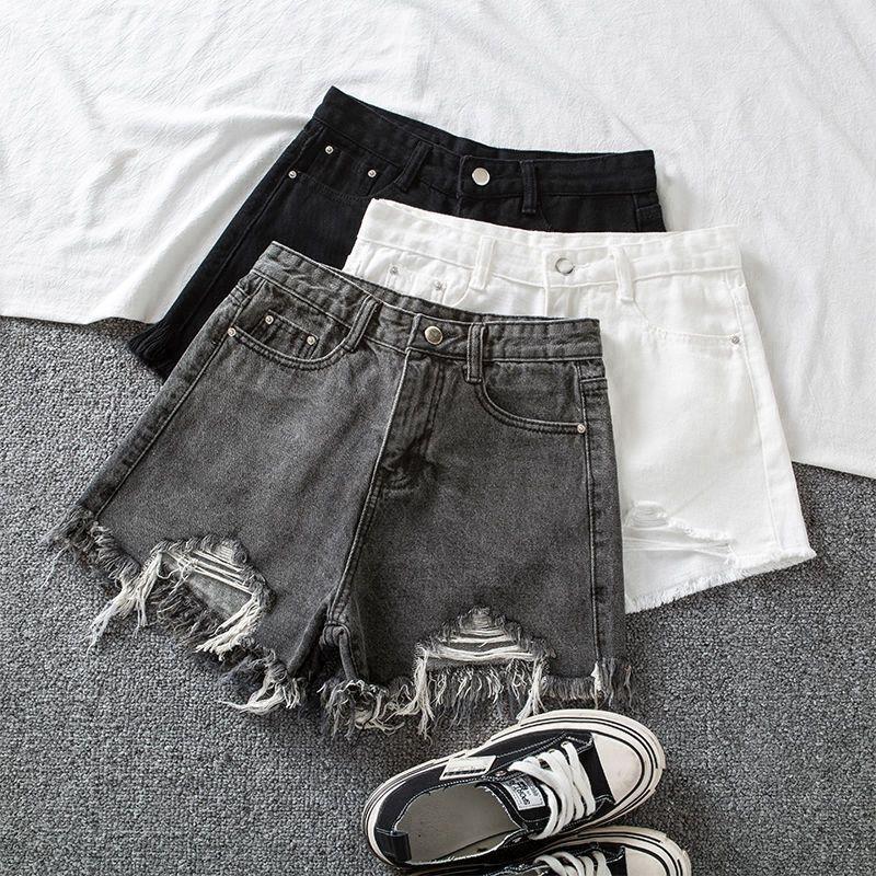 Grey Denim Shorts Women's Summer New Style Tassel High Waist Rough Edge Loose Hole Pants