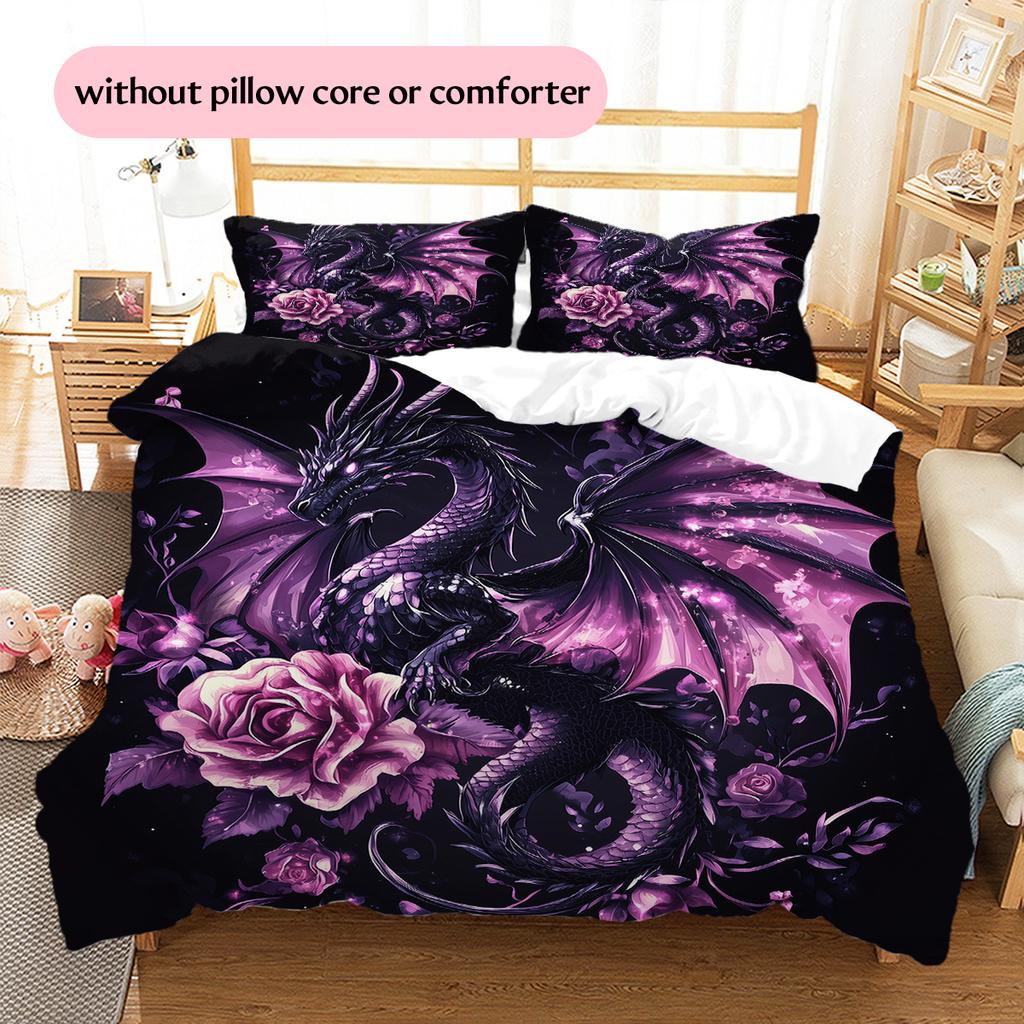 Fialový drak Vzor Povlečení Přikrývka Sada Povlak na přikrývku Povlak na polštář Domácí dekorace Dárek (1 * povlak na peřinu + 2 * povlak na polštář, bez jádra)