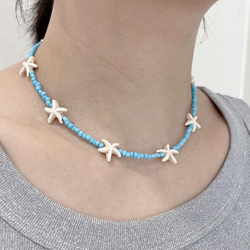 Elegant Turquoise Starfish Charm Necklace Adjustable Length Neckchain Fashionable Clavicle Chain Accessory for Ladies