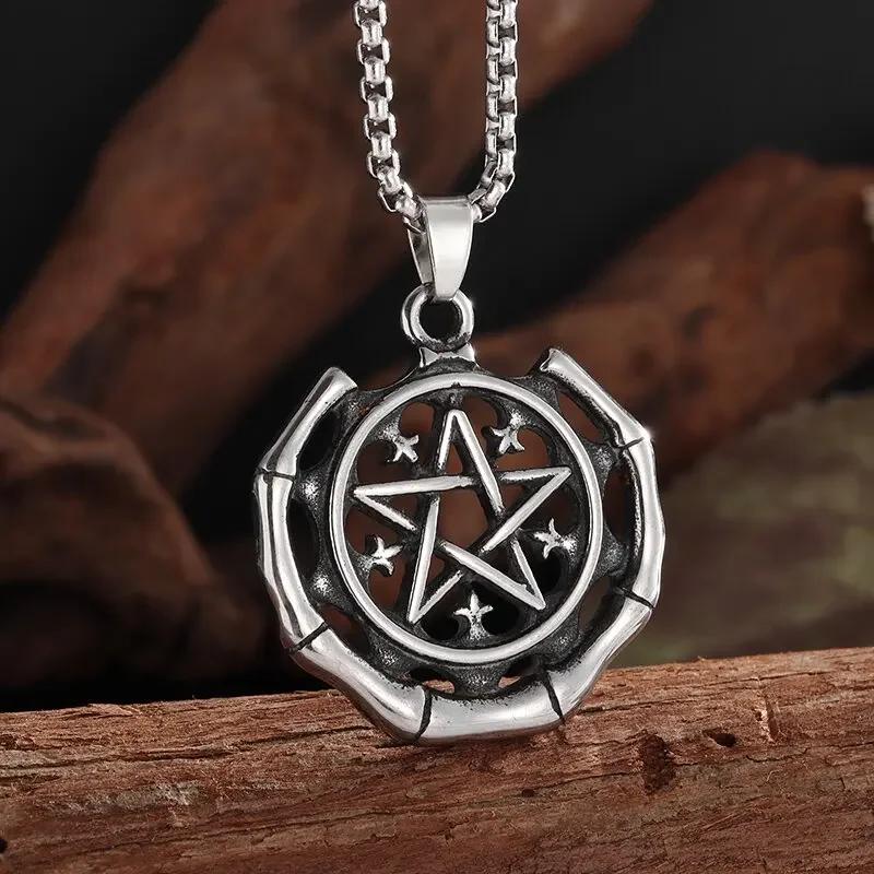 Stainless Steel Witchcraft Pentagram Necklace for Men Jewish Hebrew Four Letter Solomon Pendant Rune Amulet Jewelry