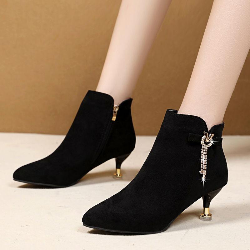 Fashion Booties Suede Black Stiletto Heel Ankle Boots for Women Rhinestone Comfortable and Elegant On Promotion Sale Woman Short Shoes