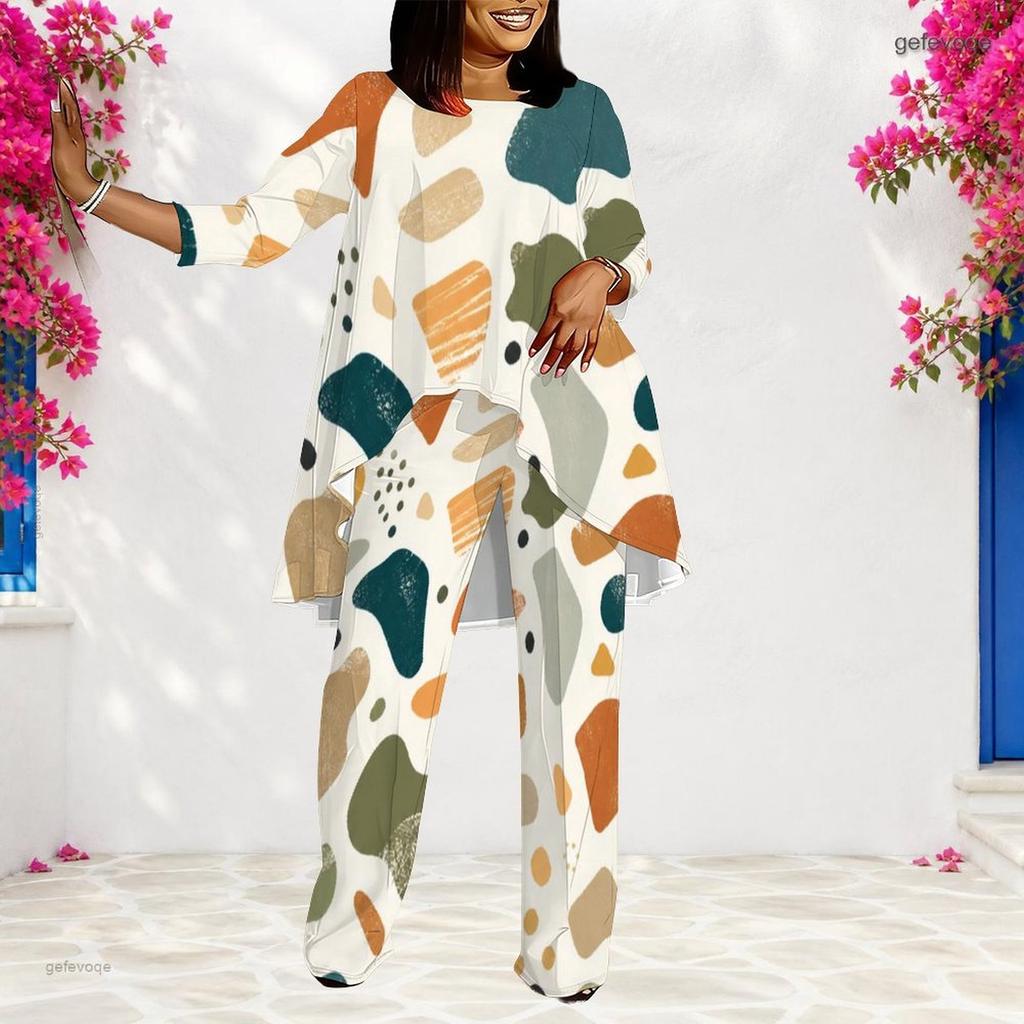 Women Plus Size Geometric Printed Round Neck 3 4 Sleeve Layered Top Long Pants Two Piece Set