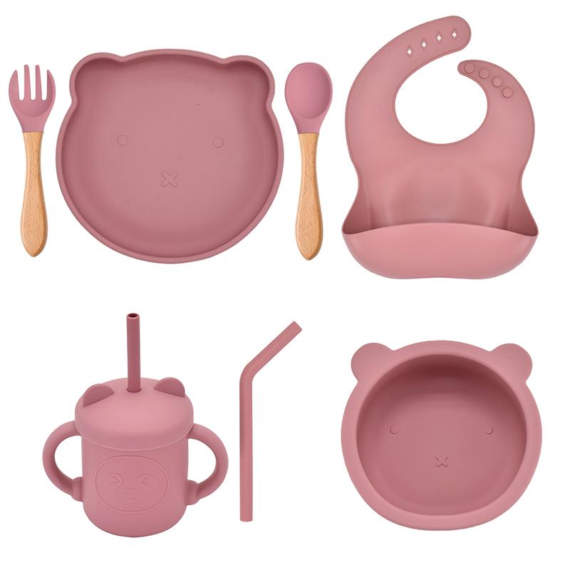 7PCS/Set Baby Silicone Sucker Bowl Plate Cup Bibs Spoon Fork Sets Children Non-slip Tableware Baby Feeding Dishes BPA Free