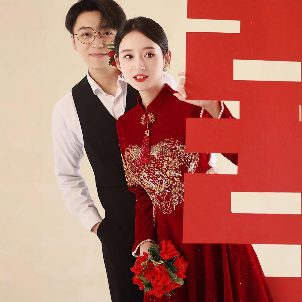 Red Wine Long-Sleeve Qipao Dress: Perfect for Weddings, Homecoming, or Engagements - A Casual Yet Elegant Chinese Autumn Bridal Gown.