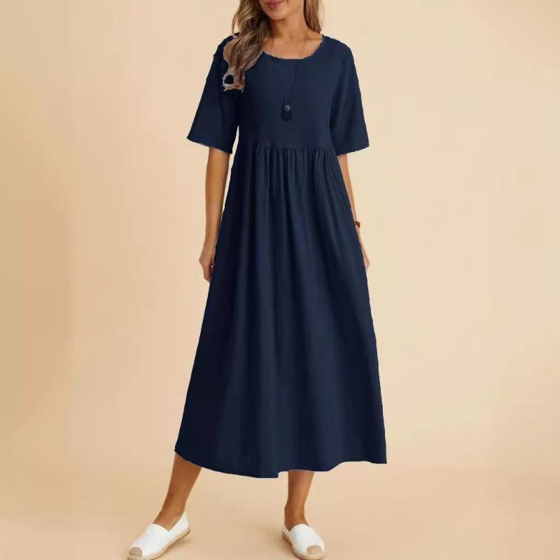 Summer Women's Dress Plus Loose Cotton Linen Round Neck Five Quarter Sleeve Mid Length Dress