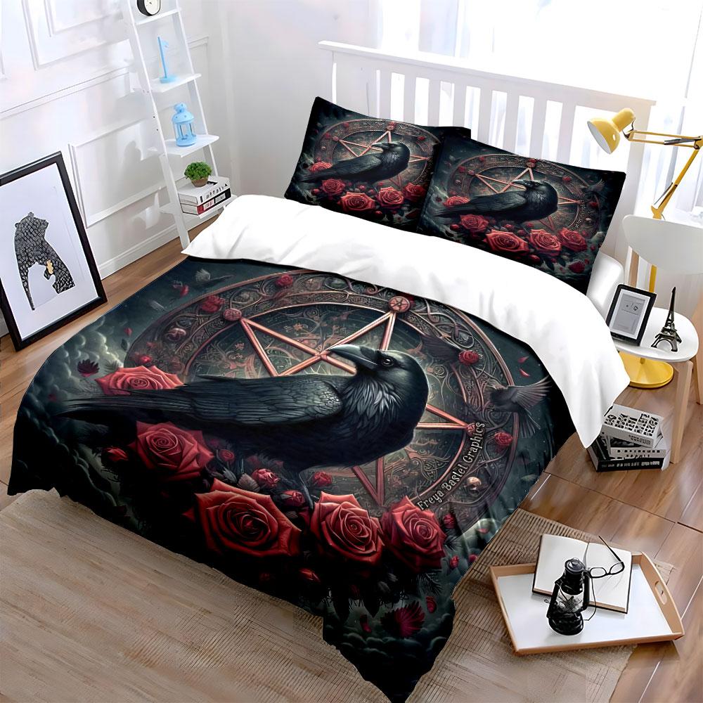 "Gothic Raven Rose Decor Set" Bedding Set with 1 Duvet Cover 2 Pillowcases Single Double King Queen, Gift