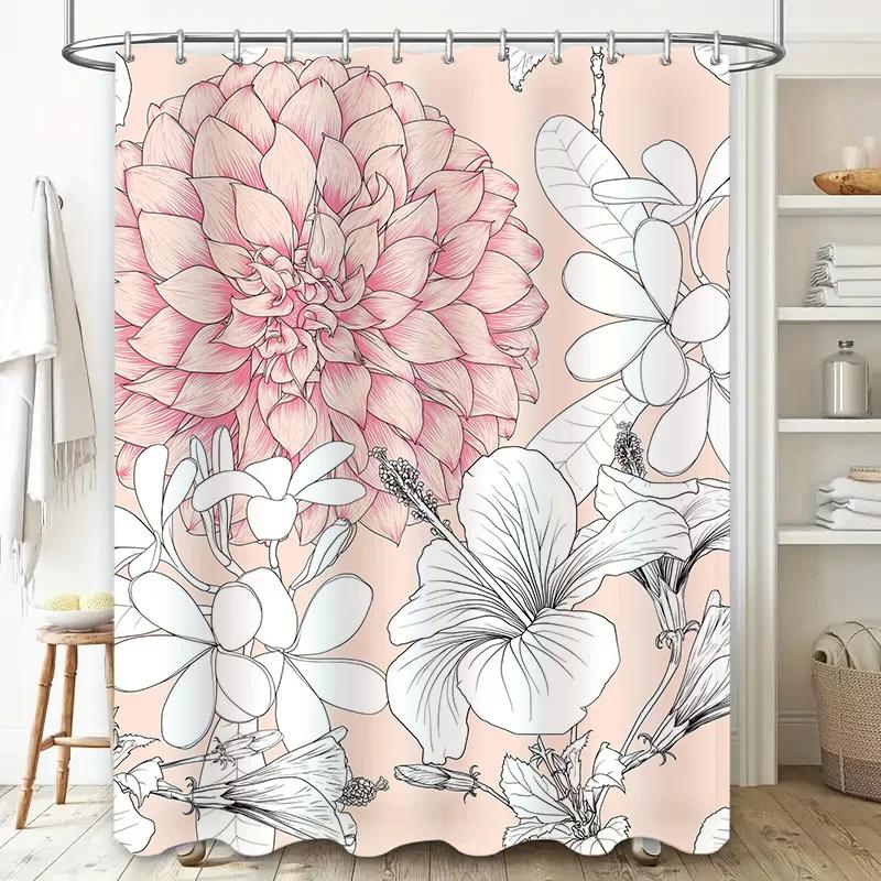 Luxury Bathroom Shower Curtain Floral Design Waterproof Fabric Decorative Home Decoration Size Customizable with Rings Set