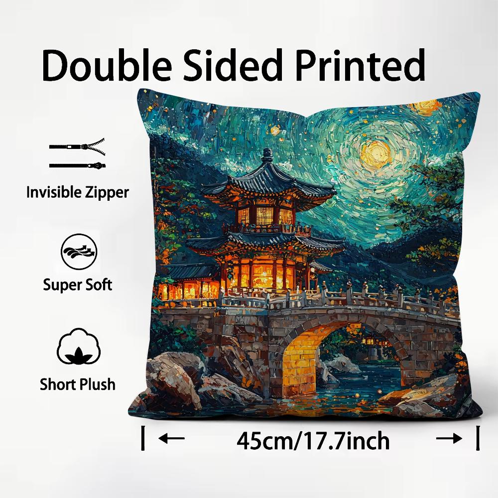 Korea Foguo Temple Cushion Cover Pattern Printed Pillowcase for Living Room Sofa Cushion Cover & Bedroom Decor