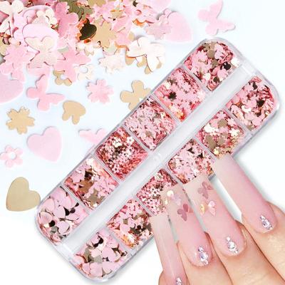 12 Grids Pink Gold Rabbit Butterfly Nail Sequins Mixed Flower Flakes Decorations DIY Nail Supplies For Professionals Accessories HTBE YSXX
