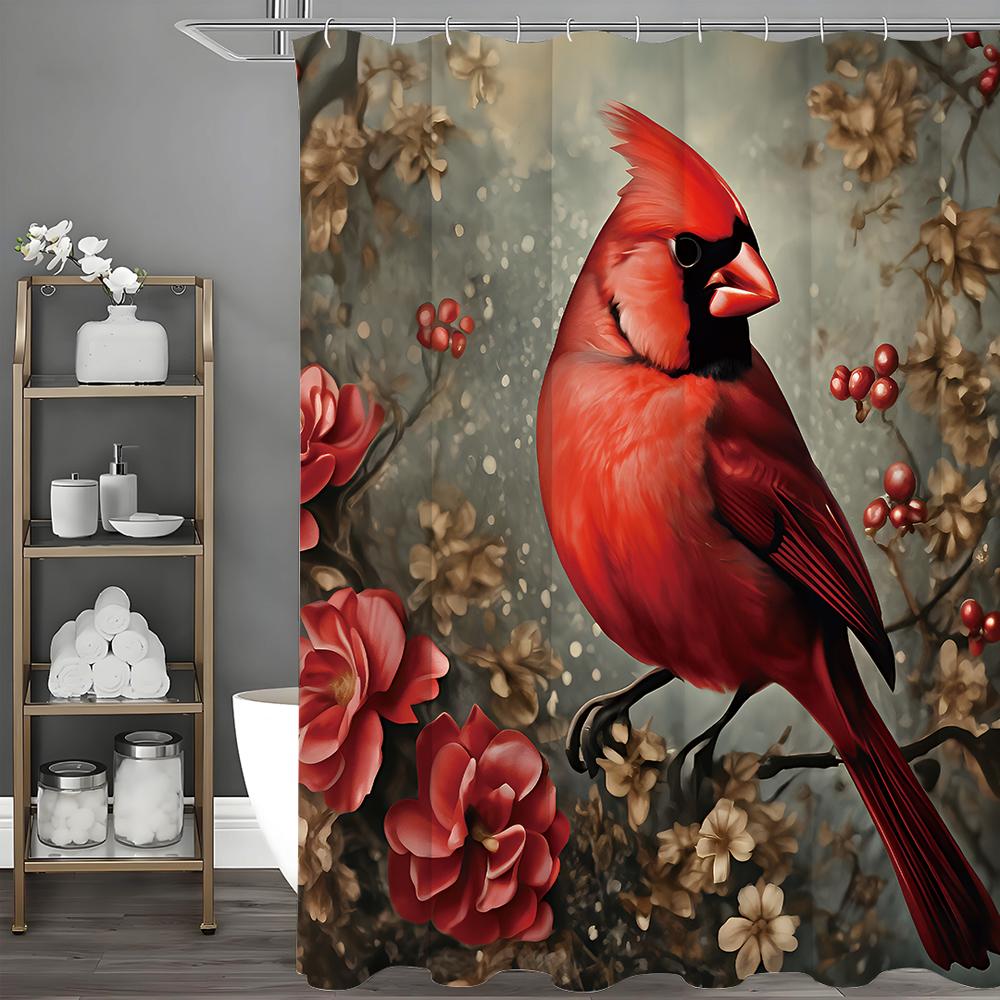 New Chinese Style Floral Red Bird and Fruit Shower Curtain, Bathroom Decorative Shower Curtain, Waterproof Shower Curtain with H