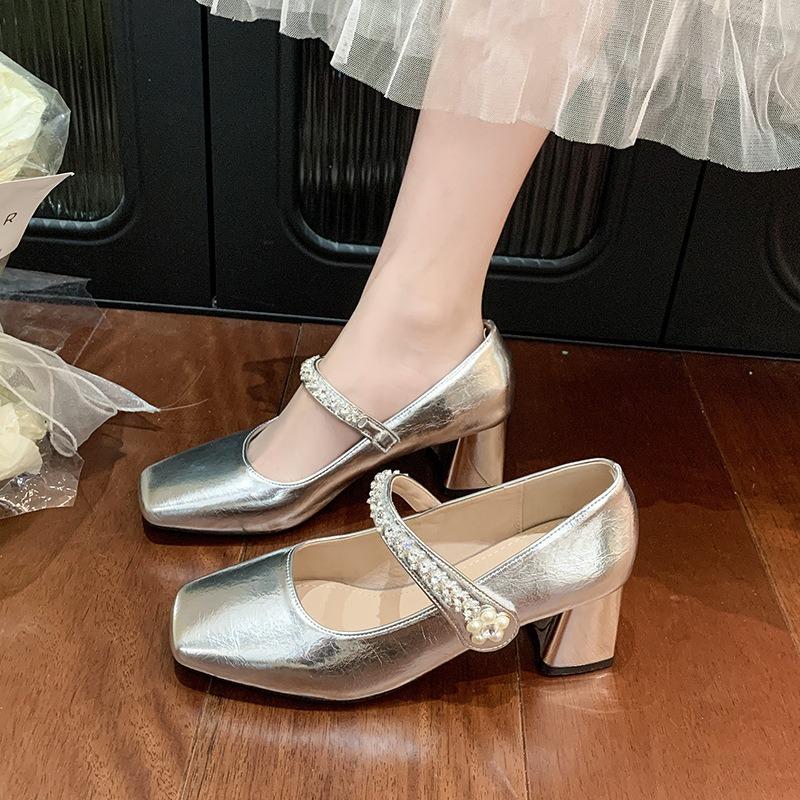 Leather Summer Women's Shoes New Shallow Mouth Mary Jane Single Shoes One-word Skirt Thick Heel Single Shoes Women