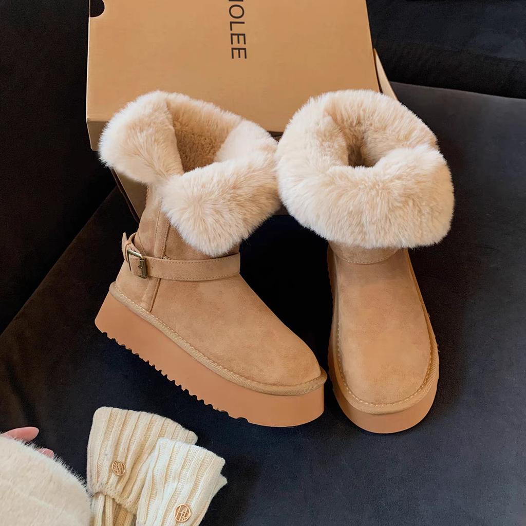 Women's fashionable mid-length lightweight height-enhancing soft sole winter warm fur one snow boots velvet lined non-slip casual sports cotton boots