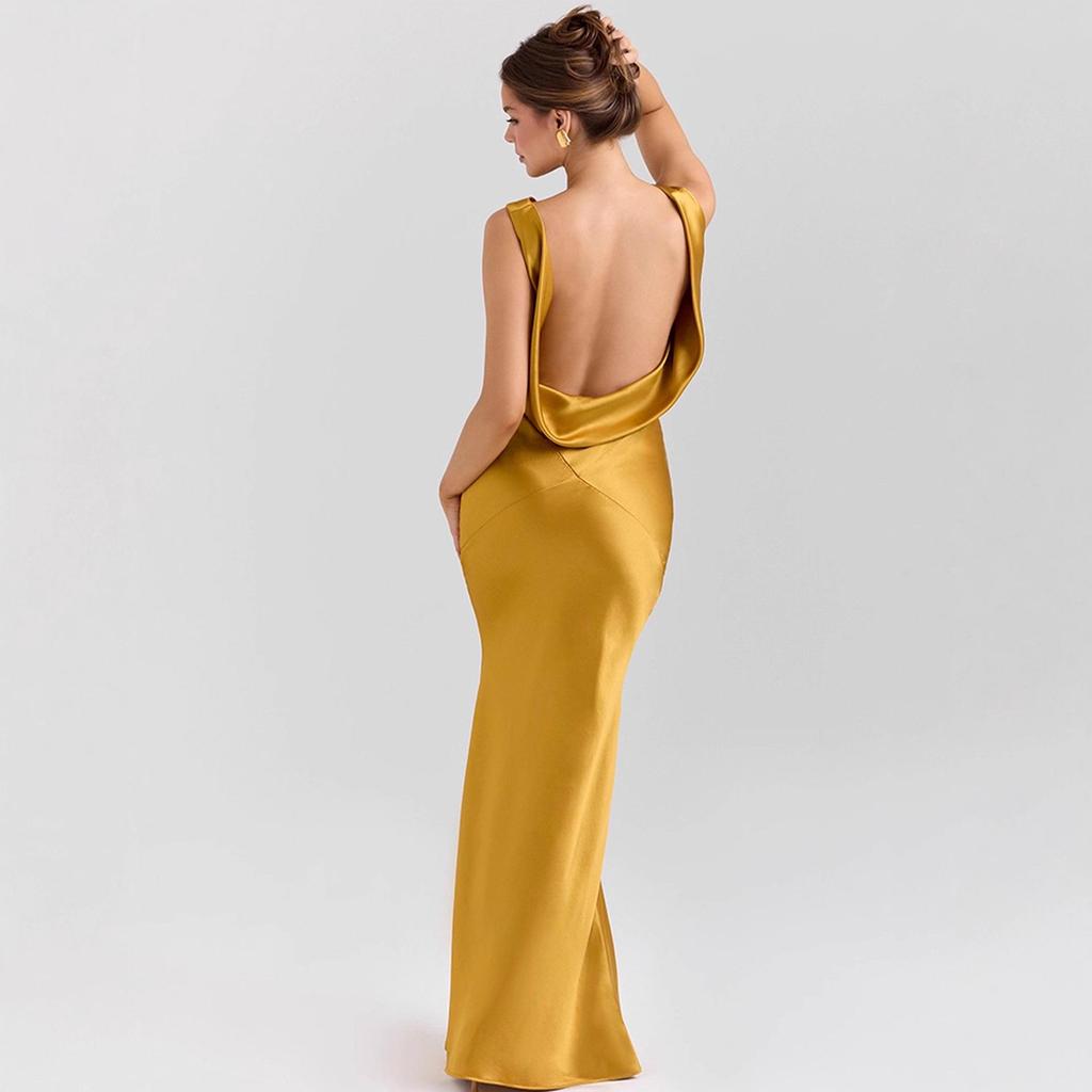 Haute Couture Elegant Satin Drape Neck Backless Dress