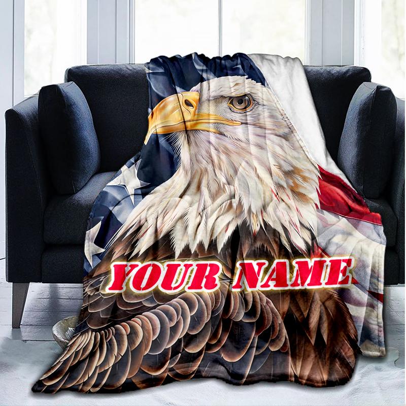 1PC Custom Name Eagle Pride American Flag Outdooor Flannel Blankets Patterns Throw Blanket All-Season Soft Gift for Couch, Bed, Camping Gifts