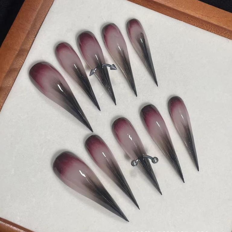Handmade Press On Nail Dragon Claw Dark Cool Nude Black Blush Gradient 3D Metal Piercing Eagle Claw Type Fake Nail Patch Artificial Nail Reusable XS