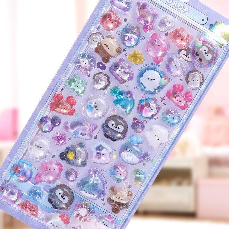 4 Sheets Cartoon Animal Ghost Rabbit Aesthetic Decals 3D Relief Jelly Stickers Diy Phone Case Diary Stationery Sticker Decor