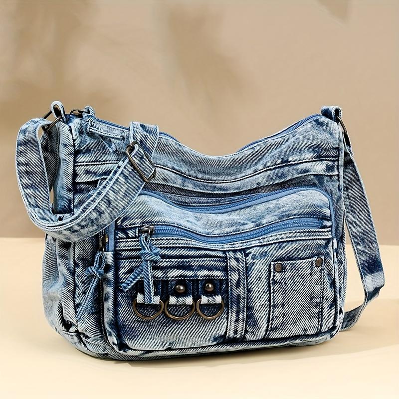 Borsa a Spalla in Denim Lavato Vintage da Donna, Borsa Casual da Donna in Tessuto Morbido con Chiusura a Zip, Borsa a Tracolla Monocolore Cowgirl